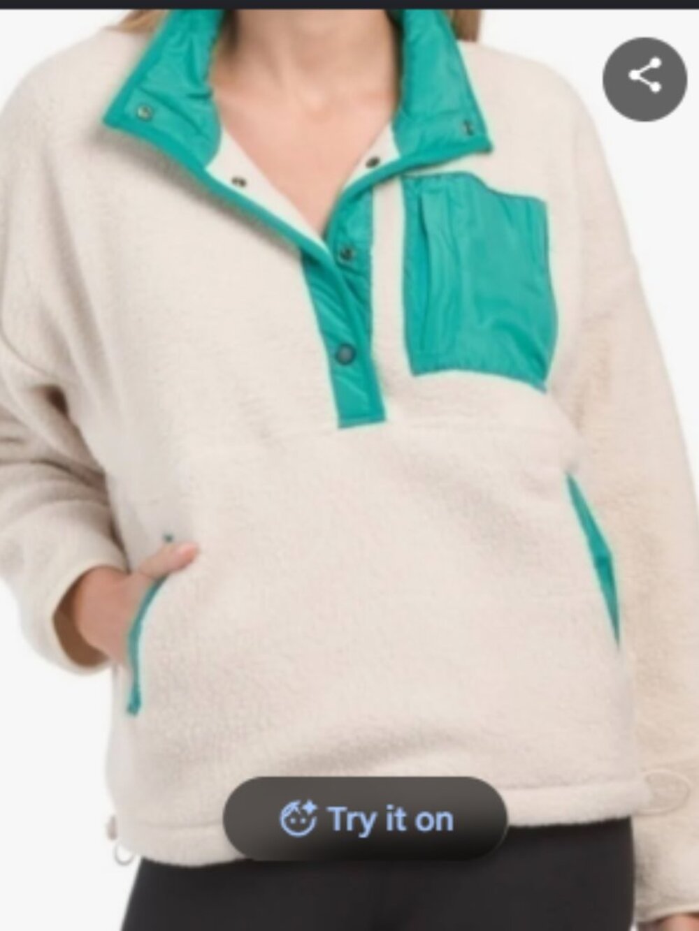 Wilo The Label Off White with Greeen Trim Sherpa Fleece Pullover Size Small
